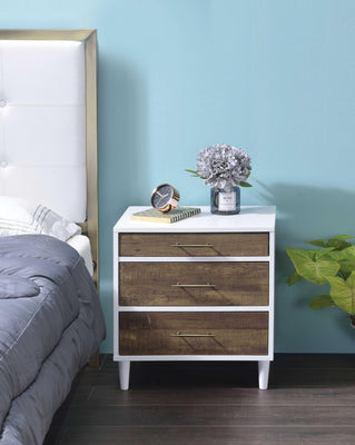 Wooden Nightstand with Three Drawers, White & Weathered Oak Brown