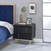 Two Drawers Wooden Nightstand with Metal Block Legs, Black & Gold