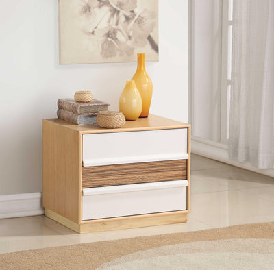 Wooden Nightstand with Two Drawers, White & Natural Wood Brown.