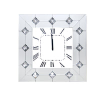 Mirrored Square Shape Wooden Analog Wall Clock With Crystal Accents, White