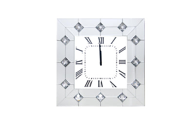 Mirrored Square Shape Wooden Analog Wall Clock With Crystal Accents, White