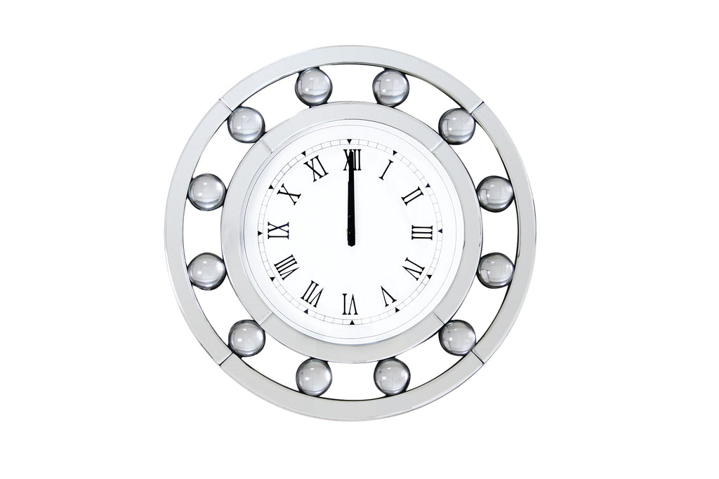 Mirrored Round Shape Wooden Wall Clock, White