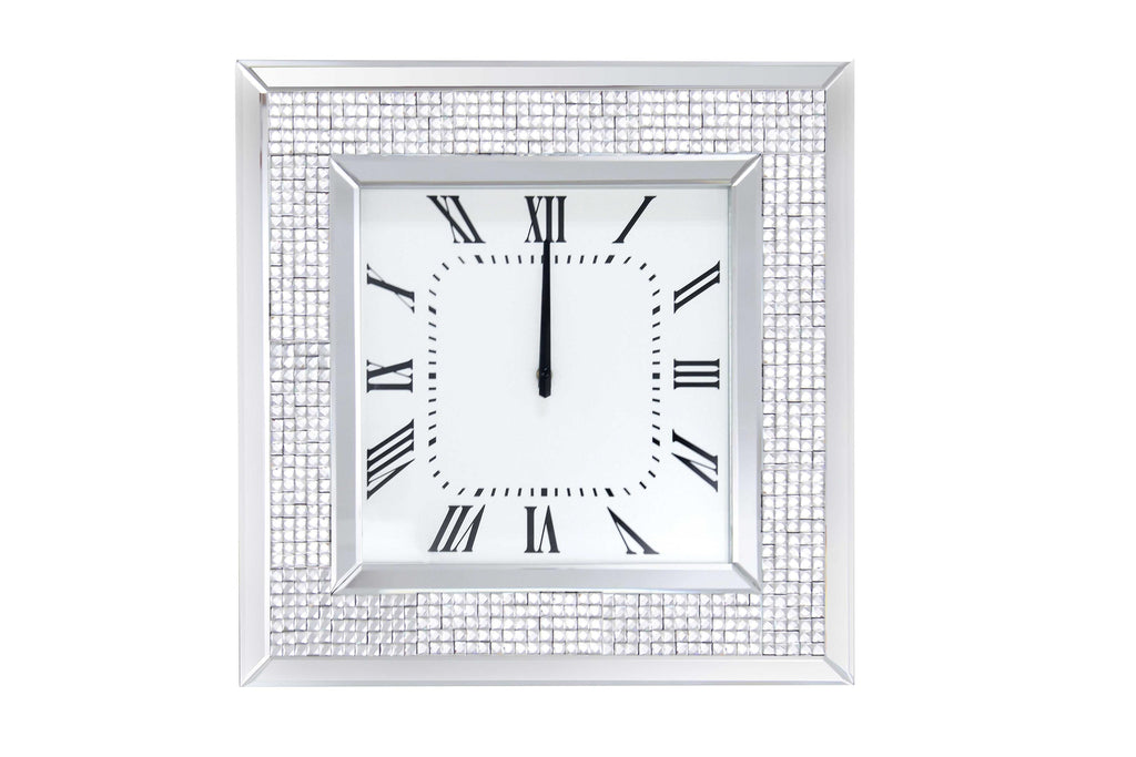 Mirror Framed Wooden Analog Wall Clock With Crystal Accents, White