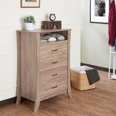 Wooden Chest with Four Drawers & One Open Shelf, Natural Brown