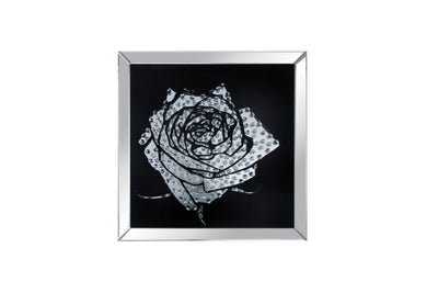 Square Shape Mirror framed Rose Wall Decor With Crystal Inlays, Black & Silver