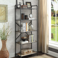 FiveTier Metal Bookshelf With Wooden Shelves, Oak Brown & Gray