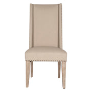 High Back Acacia Wood Dining Chair with Nail Head Detailing, Beige, Set Of Two