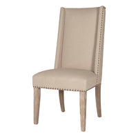 High Back Acacia Wood Dining Chair with Nail Head Detailing, Beige, Set Of Two