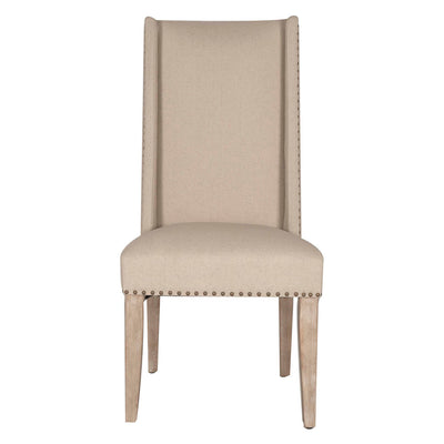 High Back Acacia Wood Dining Chair with Nail Head Detailing, Beige, Set Of Two