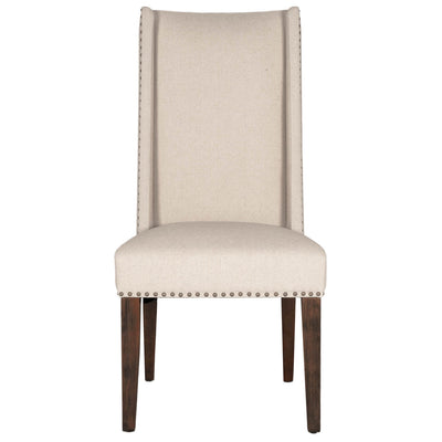 High Back Acacia Wood Dining Chair with Nail Head Detailing, Beige, Set Of Two