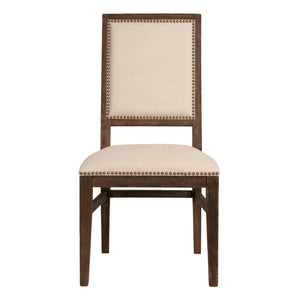 Acacia Wood Dining Chair With Linen Upholstery, Beige and Brown, Set Of Two