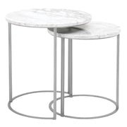 Marble Top Round Nesting Table With Brushed Steel Gray Base, White, Set Of Two