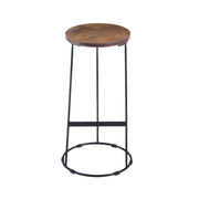 Round Iron Base Bar Stool With Acacia Wood Seat, Brown and Black