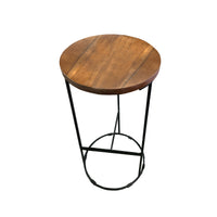 Round Iron Base Bar Stool With Acacia Wood Seat, Brown and Black