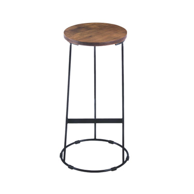 Round Iron Base Bar Stool With Acacia Wood Seat, Brown and Black