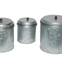 Galvanized Metal Lidded Canister With Ribbed Pattern, Set of Three, Gray