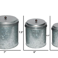 Galvanized Metal Lidded Canister With Ribbed Pattern, Set of Three, Gray