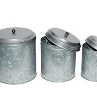 Galvanized Metal Lidded Canister With Ribbed Pattern, Set of Three, Gray