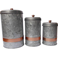 Galvanized Metal Lidded Canister With Copper Band, Set of Three, Gray