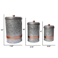 Galvanized Metal Lidded Canister With Copper Band, Set of Three, Gray