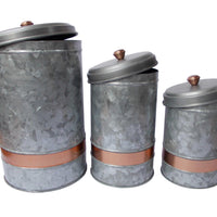 Galvanized Metal Lidded Canister With Copper Band, Set of Three, Gray