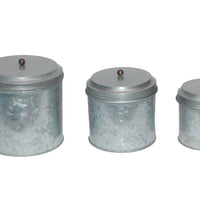 Galvanized Metal Lidded Canister With Ball Knob, Set of Three, Gray