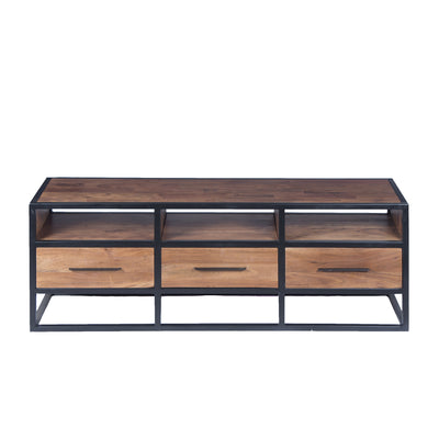 Spacious Acacia Wood Tv Unit With Metal Frame, Walnut Brown and Black