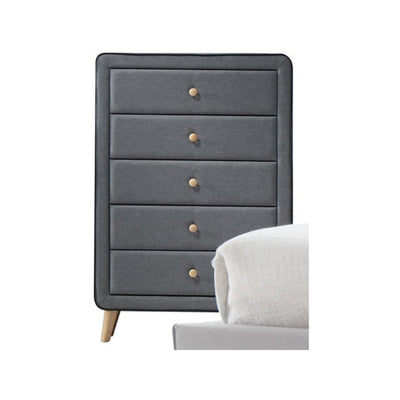 Transitional Style Wood and Fabric Upholstery Chest with 5 Drawers, Gray