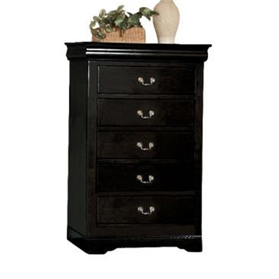 Wooden Five Drawer Chest With  Brushed Nickel Metal Handle, Black