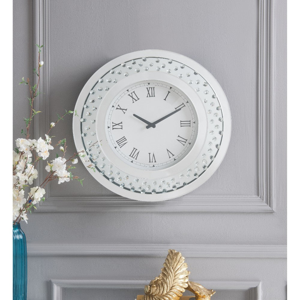 Wood & Mirror Round Analog Wall Clock, White