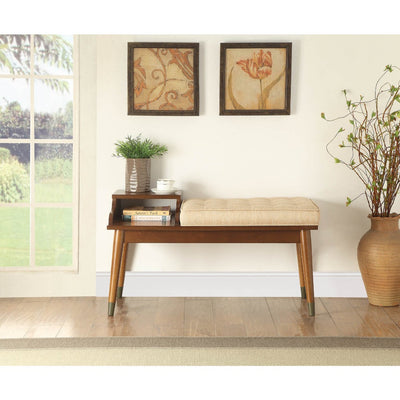 Wooden Bench with Fabric Upholstered Seat Cushion & Open Compartment, Walnut Brown