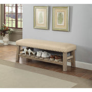 Wooden Bench with Fabric upholstered Seat Accented with Nail head Trim, Antique White