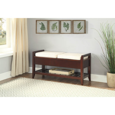 Wooden Bench with Fabric Upholstered Seat Cushions & Storage, Espresso Brown