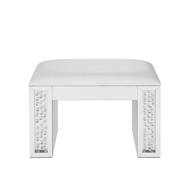 Mirrored Rectangular Wooden Vanity Stool With Padded Seat, Ivory And Silver