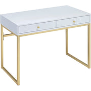 Rectangular Two Drawer Wooden Desk With Metal Sled Legs, White And Gold