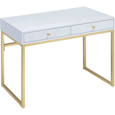 Rectangular Two Drawer Wooden Desk With Metal Sled Legs, White And Gold