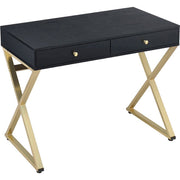 Rectangular Two Drawer Wooden Desk With "X" Shape Metal Legs, Black And Gold