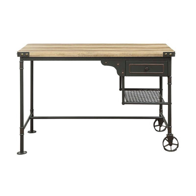 Wood And Metal Desk With One Drawer And One Open Shelf, Oak Brown And Sandy Gray