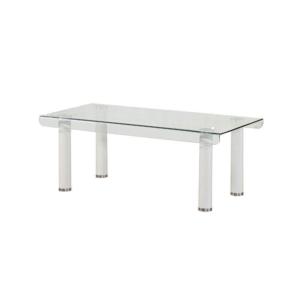 Rectangular Tempered Glass Top Coffee Table With Round Metal Feet, White