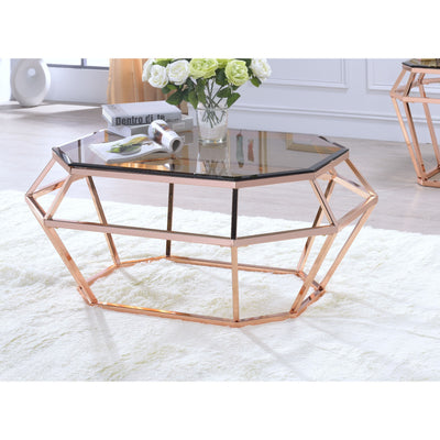 Octagon Shaped Glass Coffee Table With Geometric Metal Base, Copper