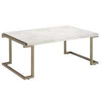 Faux Marble Top Coffee Table With Metal Base, White And Gold