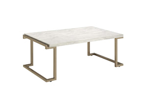 Faux Marble Top Coffee Table With Metal Base, White And Gold