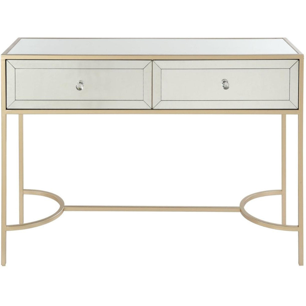 Modern Style Metal and Mirror Sofa Table with 2 Drawers, Gold