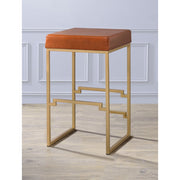 Metallic Bar Height Stool with Leather Upholstered Seat, Gold & Brown