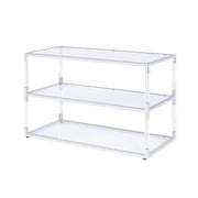 Metal And Acrylic TV Stand With Two Open Glass Shelves, Silver And Clear