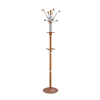Wood & Metal Coat Rack With Four Hooks And Eight Pegs, Oak Brown & Silver