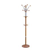Wood & Metal Coat Rack With Four Hooks And Eight Pegs, Oak Brown & Silver