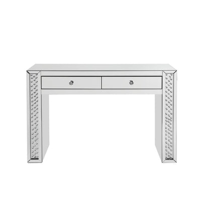 Mirror Accented Two Drawers Wooden Vanity Desk With Faux Crystal Inlay, Silver