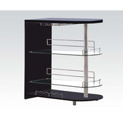 Wood and Metal Bar Table with Two Glass Shelves, Black and Silver