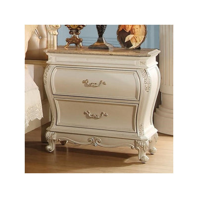 Two Drawers Wooden Nightstand with Granite Top, Pearl White